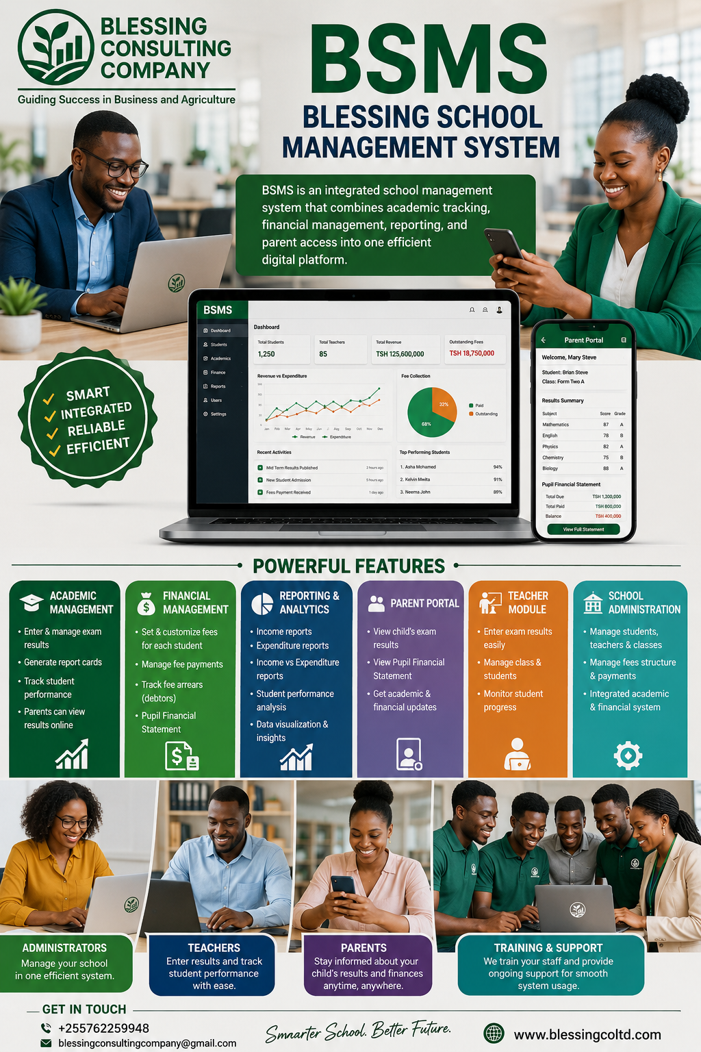 Blessing School Management System (BSMS) is a smart and integrated digital solution designed to simplify and improve school operations through efficient management of academics, finance, student records, attendance, reporting, and parent communication. Th